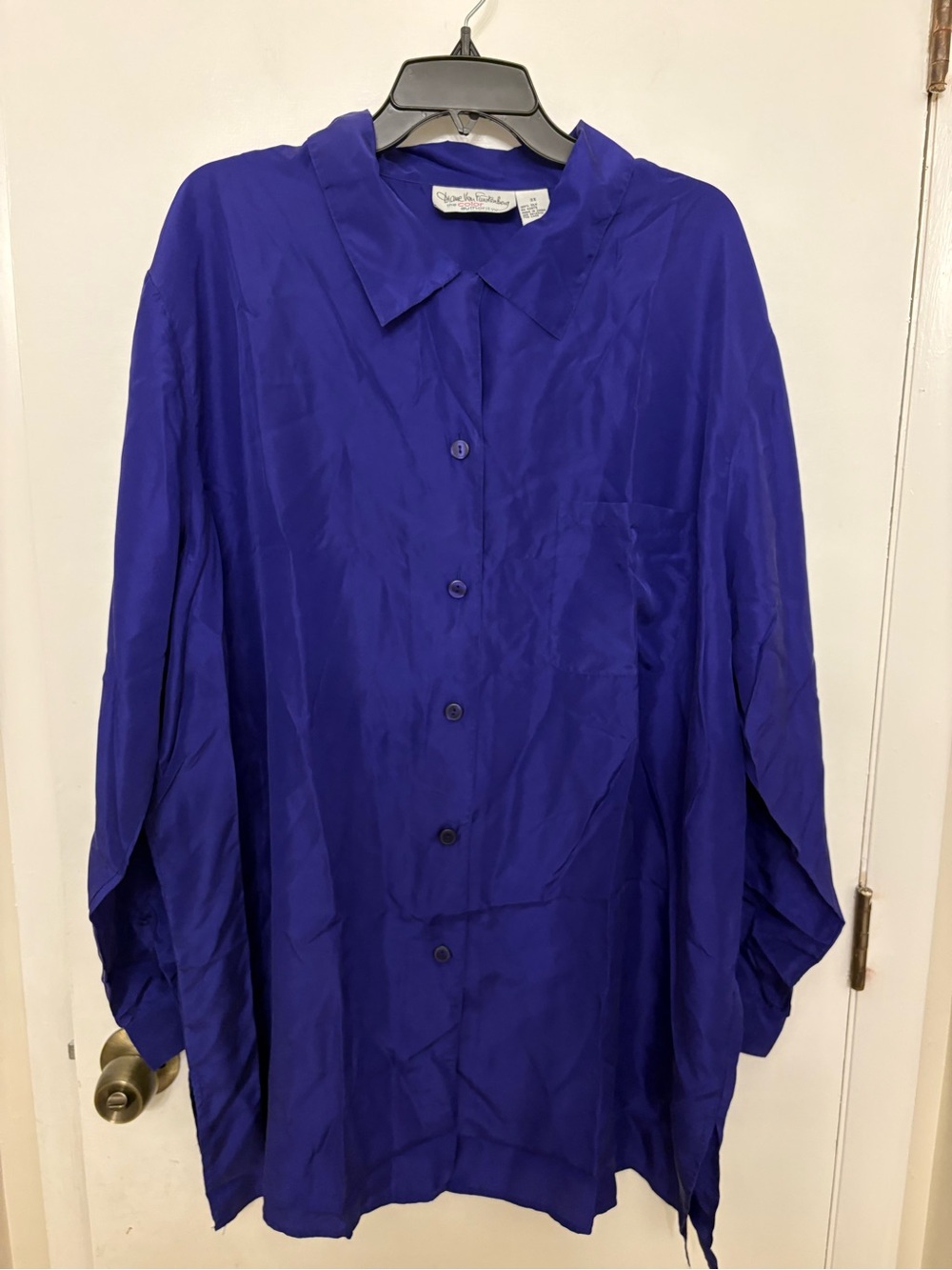 Vintage DVF Silk Blouse 3X Royal Blue Oversized Button Down Color Authority 90s